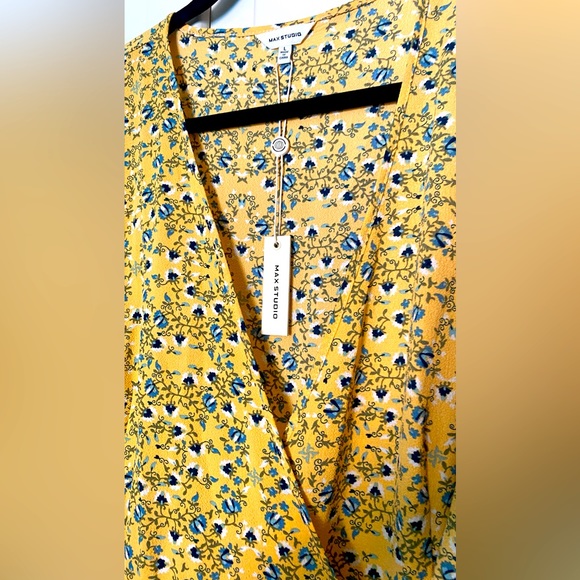 MAX STUDIO 💛YELLOW💛 FLORAL RUFFLE WRAP HIGH LOW MIDI SHORT SLEEVE DRESS🌟NWT🌟 - Picture 3 of 14
